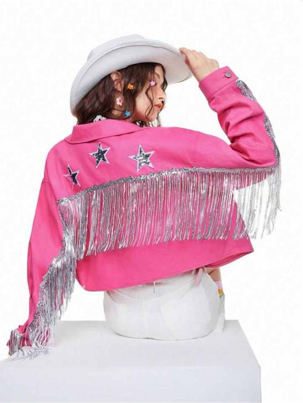 SHEIN Hot Pink Fringe Star Crop Jacket